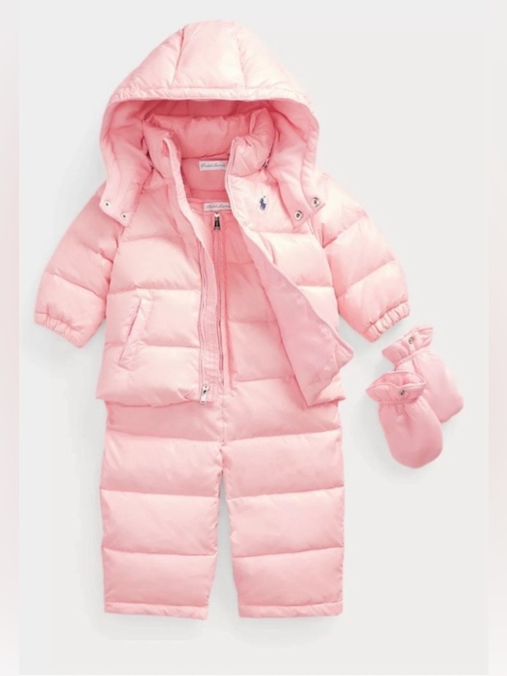 Ralph Lauren Pink Quilted Puffer Jacket, Pants & Mittens Set